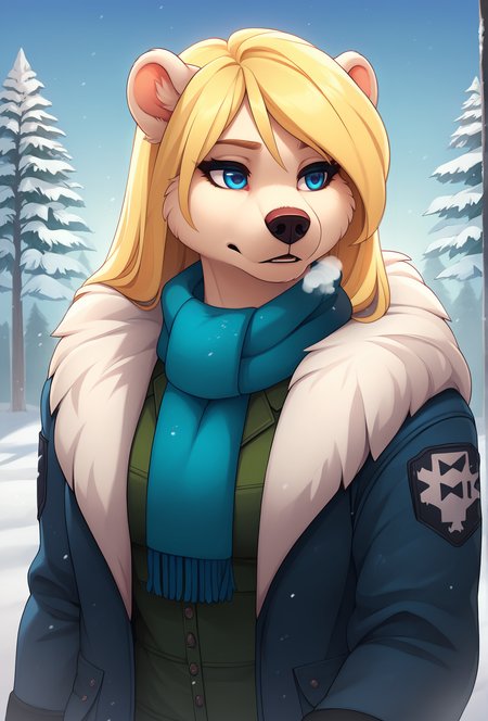 score_9, score_8_up, score_7_up, score_6_up, score_5_up, score_4_up, <lora:fluffkevlar_style_ponyXL_v1:1.0>, rating_safe, 
1girl, furry, solo, polar bear, snow, blue eyes, scarf, puffy jacket, fog, breath, muscular, nature, tree, fur trim, long hair, blonde hair