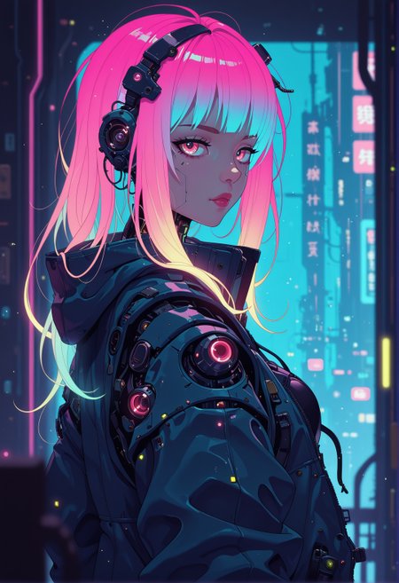<lora:ck-nc-cyberpunk-IL-000011:1>, masterpiece, best quality, good quality, very aesthetic, absurdres, newest, 8K, depth of field, focused subject, 
a cyberpunk girl with glowing hair, long hair, side view, dynamic angle, hacking, looking at viewer, gazing at viewer, surreal and eerie cyberpunk ambient, in the style of cknc
 <lora:MoriiMee_Gothic_Niji_Style_Illustrious_r1:0.3>
