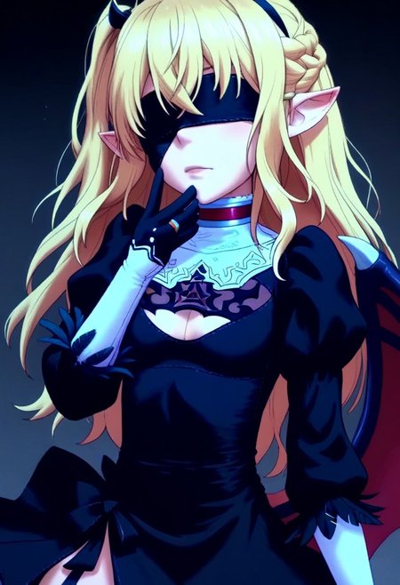 masterpiece,best quality, highly detailed, score_9, 4k, detailed, high resoltution, score_8_up, score_7_up, score_6_up,source_anime, BREAK, 1girl,  Tiffany Lilystella, blonde, one sided ponytail, red eyes, filled collar, demon girl, demon tail, pointy ears, thight straps, elbow gloves, ring on middle finger, wings, small breasts,<lora:2b-cosplay-ponyxl-lora-nochekaiser:1>, 2bcosplay, 2b \(nier\:automata\) \(cosplay\), gloves, long sleeves, dress, puffy sleeves, black dress, clothing cutout, cleavage cutout, juliet sleeves, feather-trimmed sleeves, blindfold, black blindfold, covered eyes,