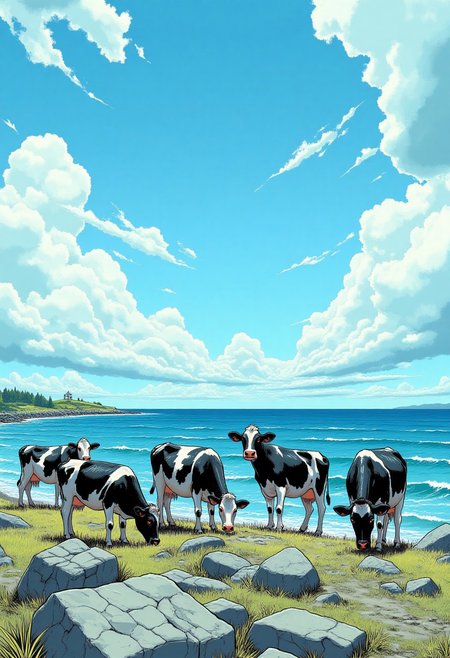 comic panel capturing a group of six black and white Holstein cows grazing on a rocky shoreline. The cows, with varying shades of black and white, are positioned on the foreground and midground. The background features a bright blue sky with scattered white clouds and the expansive sea, which is a deep blue. The ground is a mix of rocky terrain and patches of green grass. The cows appear relaxed and are scattered across the landscape. The image conveys a serene, pastoral setting under clear, sunny weather. c0mix2, aidmamj6.1