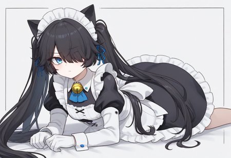 (Maid-kasli), solo, white gloves, dress, hair over one eye, maid apron, blue eyes, twintails, cat ears, maid headdress, maid, gloves, 1girl, apron, juliet sleeves, long sleeves, long hair, black hair, animal ears, bell,(Fall down),