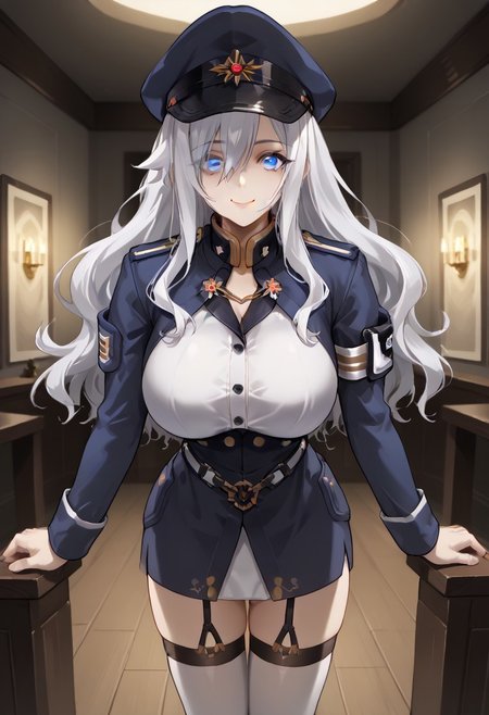 score_9, score_8_up, score_7_up, 1girl, sylwia krzasinska, source_anime, solo, anime screencap, anime coloring, zPDXLxxx, Expressiveh, white hair, wavy hair, long hair, blue eyes, hair over one eye, one eye covered by hair, perfect lips, vibrant eye color, expressive eyes, ultra-feminine, ultra-detailed face, ultra-detailed skin, lustrous ultra-detailed hair, (extreme hourglass figure: 1.5), ultra-slim proportions, (feminine muscles: 1.1), (long breasts, perfectly round breasts, huge breasts: 1.5), ultra-narrow waist, ultra-flared hips:, perfectly round ass, (ultra-jutting ass, shapely ass: 1.2), perfect butt crack, (thin tighs, ultra-fit figure, long legs: 1.5), bursting breasts, ultra-jutting breasts, ultra-pointy breasts,  blue headwear, blue jacket, blue skirt, hat, jacket, military, military hat, military uniform, peaked cap, shirt, skirt, thighhighs, uniform, white shirt, white thighhighs, indoors, detailed background, military base, sci-fi base, steel grey walls, alert lights, staring at viewer, leaning forward, breasts focus, evil smile, sexually suggestive, horny