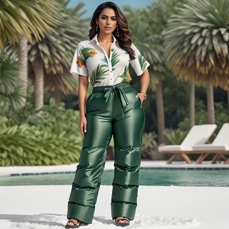 full body shot two hispanic short women ,unique, wearing a dark green   ((pair of snow pants,blouse)) unique hair styles, 8k uhd, dslr, high quality, photorealistic, realism, hyperrealism, poolside scene
 <lora:snowpants_v1-000003:1>