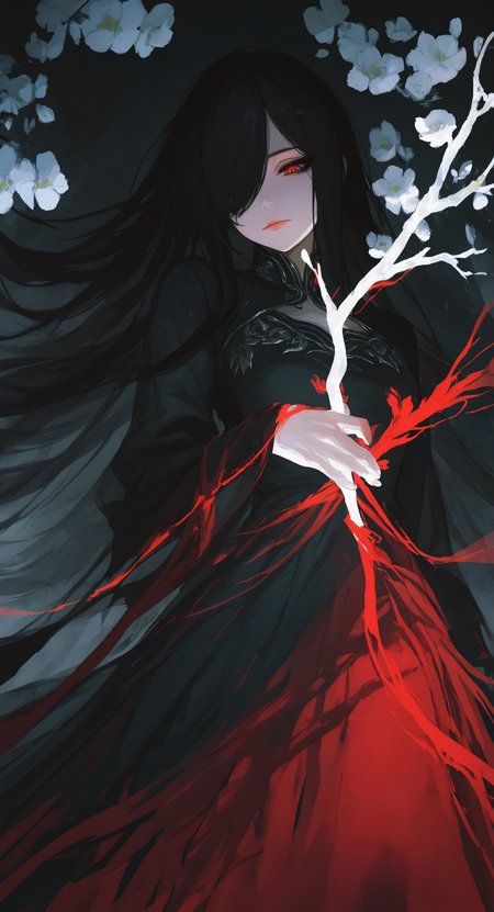 masterpiece, best quality, good quality, very aesthetic, absurdres, newest, 1girl, hanfh girl, solo, long hair, black hair, long sleeves, Multi-layered dress, holding, closed mouth, flower, hair over one eye, black hanfh dress, feet out of frame, looking down, white flower, branch, red lips, holding branch,
looking_at_viewer, Close-Up, dynamic angle,
Flowing luminous particle light and shadow <lora:ponyv5_noobV065S_1_adamW-000013:0.7> <lora:MeMaXL4:0.4> <lora:748cmSDXL:0.7>