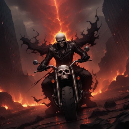 Dark Fantasy Art, Dark Moody Atmosphere, dramatic, mysterious, dark moody atmosphere, dark, moody, dark fantasy style, realistic anime,
BREAK,
Ghost Rider rockets up the skyscraper, his flaming motorcycle scorching a fiery path over glass and steel,
BREAK,
His skull, engulfed in hellfire, casts a sinister, flickering glow, with empty eye sockets seething with vengeful fire,
BREAK,
Flames curl around his skeletal form, his leather jacket and pants seared and frayed, smoldering as he rides,
BREAK, 
sitting on his bike, (((cracked roadway))), cracked road, skull, from side, low angle shot, close up shot, detailed afce, detailed skull, front view, wide angle, burning wheels and bike, chopper motorcycle, chopper, burning engine, leaking lava from cracked road, red sunset,