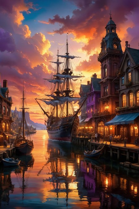 A detailed and realistic scene set in the Victorian era, showcasing a bustling harbor at sunset. The docks are lined with intricate Victorian-style ships, their masts and sails illuminated by the warm, golden hues of the setting sun. The town in the background is filled with Victorian architecture, including charming buildings and cobblestone streets, creating a picturesque and nostalgic atmosphere. The sky is painted with vibrant colors, blending oranges, pinks, and purples, enhancing the surreal and dreamy quality of the scene. The water reflects the beautiful sunset, adding a magical and almost ethereal glow to the entire setting. The environment is rich with textures and details, from the weathered wood of the ships to the intricate facades of the buildings, all contributing to a hyper-realistic yet fantastical feel.
<lora:ral-mtclniscp-sdxl:0.7> ral-mtclniscp,
<lora:add-detail-xl:1.0>,
<lora:EnvyBetterHiresFixXL01:1.0>,
<lora:extremely_detailed:1.0>, extremely detailed,
<lora:EldritchMixIllustration_1.1:0.35>,