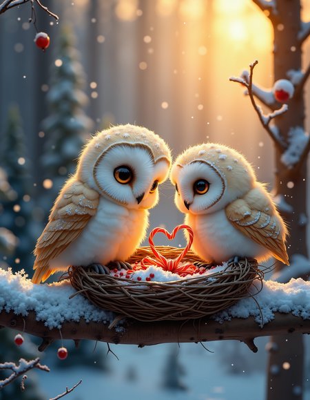A pair of fluffy owls perched on a sturdy, snow-covered tree branch, deep in a quiet winter forest. Their soft feathers are dusted with tiny snowflakes, glowing gently in the golden light of the setting sun. They work together carefully, weaving delicate heart-shaped twigs into their cozy nest, which is nestled securely between the branches. The nest is lined with soft feathers and tiny bits of red ribbon, as if gathered from a nearby village. Snowflakes drift slowly through the crisp evening air, catching the light like tiny stars. In the background, tall evergreen trees stand silent and majestic, their branches heavy with fresh snow. A few small red berries peek through the frost, adding a pop of color to the serene, heartwarming scene. The owls' large, expressive eyes reflect the warm glow of the sunset, filled with love and devotion as they craft their perfect home together.