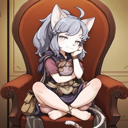 BREAK, <lora:Sheena_Falafel:1>, Sheena Falafel, Fuga: Melodies of Steel, kemono, furry female, young female, 1girl, cat girl, white fur, grey eyes, pastel blue hair, long hair, ahoge, bangs, sidelocks, animal ears, cat ears, animal nose, pink nose, Fuga 2 appearance, ponytail,
BREAK, Fuga 2 Outift, barefoot, braided anklet, claws, braided wristband, waist sash, pink bloomers, puffy skirt, tan satchel, paw print on stachel, purple blouse, short sleeves, crossstitch symbol on sleeve, dark grey cloak, hooded cloak, sleeveless cloak,
BREAK, Bleuette, Bleuette doll, character doll, stuffed cat, holding doll, holding object,
BREAK, solo, inside, looking at viewer, sitting in chair, legs crossed, smug, smile, :3, head tilt, head on hand