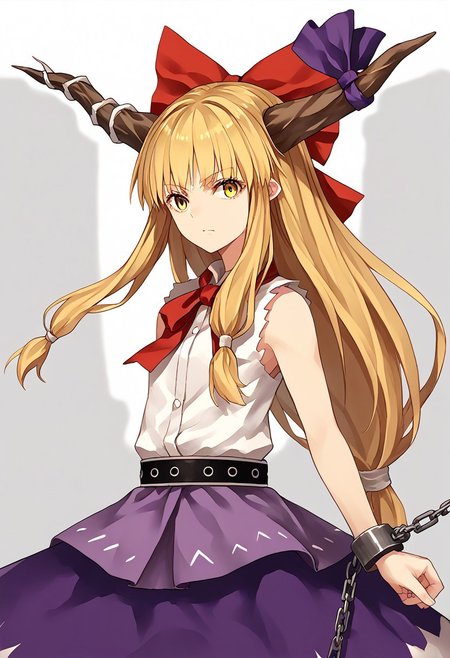 score_9, score_8_up, score_7_up, score_6_up, score_5_up, score_4_up, source_anime, 1girl, solo, 
ibuki suika, horns, blonde hair, low-tied long hair, hair bow, yellow eyes, sleeveless white shirt, belt, purple skirt, shackles, 
masterpiece, best quality, very aesthetic, absurdres,