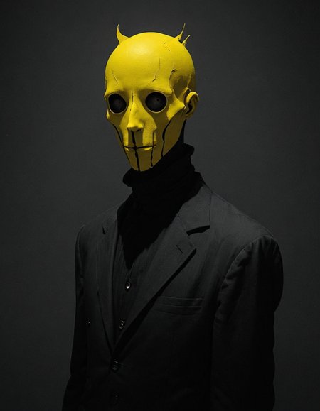 Faceless character portrait, dark character, dark fantasy, surreal and disturbing, Yves Tanguy, Roger ballen, hard shadows, simple silhouette, black background, black, grey and yellow tones, hyper detailed, striking image,<lora:add-detail-xl:1> <lora:Sinozick:1>