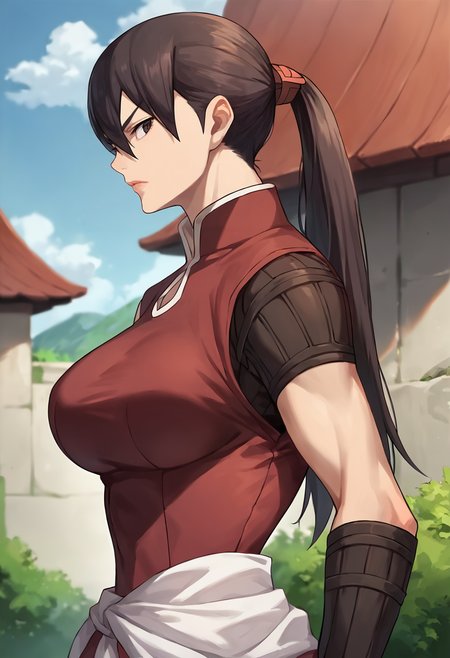 score_9, score_8_up, score_7_up, masterpiece, source_anime, 1girl, solo, ct_balsa, large breasts, ponytail, sleeveless shirt, sash, looking at viewer, outdoors, sunny, cowboy shot, portrait, from side, profile,  v-shaped eyebrows, <lora:BalsaYonsa_Pony_ct:1>