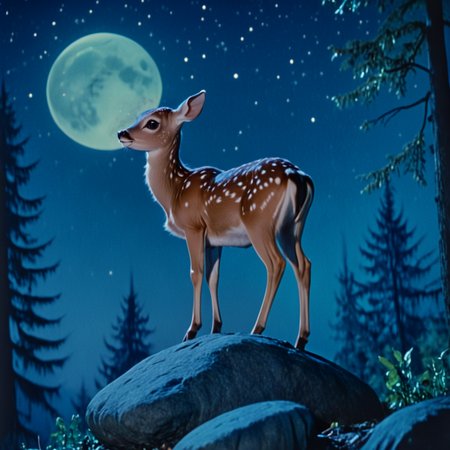 <lora:30sTechnicolorMovieV2SDXL:1> ArsMovieStill, movie still from a 1930s technicolor movie, The image shows a fawn standing on top of a rock in the woods surrounded by trees and illuminated by a full moon in the night sky., no humans, night, moon, star (sky), sky, outdoors, tree, starry sky, night sky, nature
