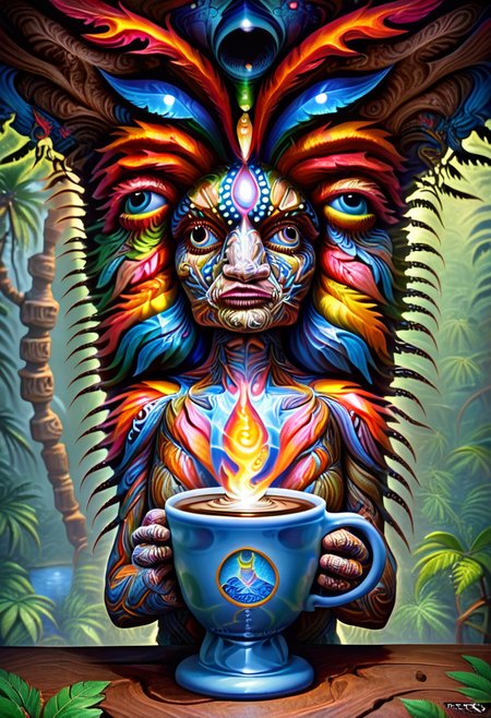 zPDXL, 1 velociraptor holding 1 cup of coffee, jungle background, depth of field, 4k, masterpiece, best quality, ultra realistic, high detail, alexgrey ,lattice ,symmetry , <lora:Alex_Grey_PonyXL:1>