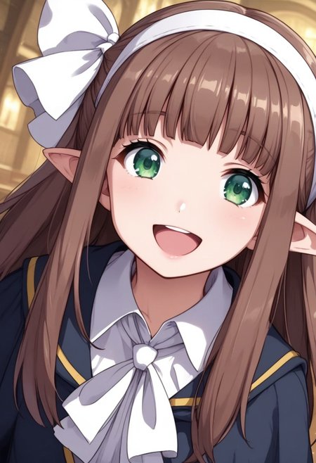 1girl,solo,Hogwarts school uniforms,Harry Potter series,brown hair,green eyes,blunt bangs,white hair ribbon,white hairband,pointy ears,ribbon,kind smile,cheek,open mouth,standing,dramatic angle,Hogwarts,day,