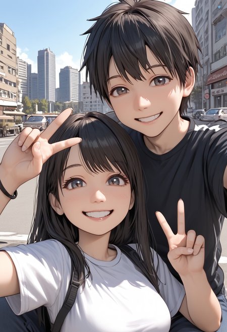 score_4,score_5,score_6,score_7_up,score_8_up,score_9 ((masterpiece,best quality,ultra detailed,highres,HD,4k:1.2)), 
chibi,upper body,deformed,| |,
1 girl and 1 boy,hetero,girl focus,
black long hair girli,large breast,
black short hair boy,
day, outside, city, Couple Selfie, sitting, fully clothed, 
smile,happy,open eyes,Smiling with teeth showing, peace sign,