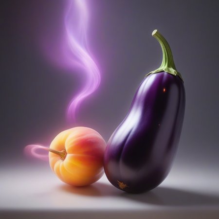 Long exposure photo of eggplant peach . Blurred motion, streaks of light, surreal, dreamy, ghosting effect, highly detailed photorealistic, unreal engine 5, art by Artgerm and Greg Rutkowski