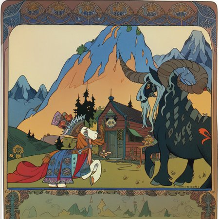 <lora:ivan-bilibin_pony_v1:1> ' grimm's ' by bilibin ivan in 1911,design \(genre\),art nouveau \(modern\) \(style\), Old Slums Houses in a hill sided by a mountain, score_9, score_6_up, score_7_up