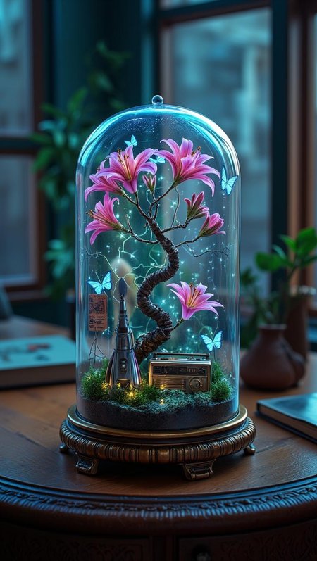 <lora:Refined_Beauty_v1_style.safetensors:1> RefinedBeauty_DA
In the heart of a bustling 1950s city, a neon-lit terrarium stands as a beacon of retro nostalgia and futuristic dreams. The glass dome, encased in a sculpted bronze base, rests on a vintage wooden table, its surface polished to a gleam. Inside, a miniature garden comes to life with the vibrancy of a bygone era.
The scene is a delightful blend of nature and sci-fi, where vibrant pink lilies stand tall, their petals illuminated by the soft glow of neon lights. Delicate blue butterflies, crafted with intricate detail, flutter gracefully around the twisted, majestic tree at the center. The tree itself is a masterpiece, its branches adorned with twinkling fairy lights that mimic the stars of a clear night sky.
Around the base of the tree, a collection of vintage gadgets and toys add to the charm: a tiny, working transistor radio plays the nostalgic tunes of the era, while a miniature rocket ship rests on a launching pad, ready to embark on an intergalactic adventure. Vintage advertisements and comic book pages are cleverly integrated into the scene, adding a touch of retro whimsy.
The terrarium's glass dome is etched with intricate patterns that catch the light, casting playful shadows on the table below. This enchanting piece, a perfect fusion of art and innovation, brings a sense of magic and tranquility to any space, inviting viewers to step back into a time when the future was a bright and wondrous vision.