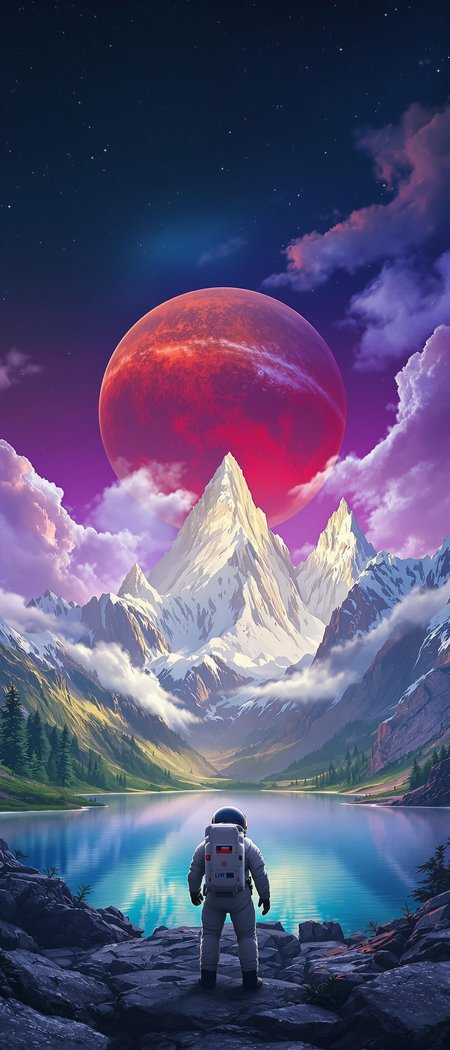 A low angle realistic shot of a lonely astronaut gazing at a serene mountain lake. The massive, crimson Jupiter planet hangs low in the sky. The peaks of the snow-capped mountains rise up like jagged teeth, silhouetted against the vibrant sky. The air is thick with mist, adding to the otherworldly atmosphere. The piece is inspired by Thomas Cole and features dramatic lighting, vibrant colors, a focus on the moon and mountains, textured clouds and water, and a soft focus.