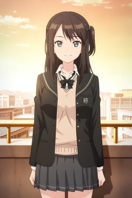 anime screenshot, tsuneki hikari, 1girl, solo, brown hair, long hair, one side up, blue eyes, medium breasts, school uniform, kibito high school uniform, black jacket, open jacket, brown sweater vest, white shirt, collared shirt, long sleeves, black bowtie, grey skirt, pleated skirt, looking at viewer, smile, cowboy shot, outdoors, rooftop, masterpiece, best quality, high quality, highres, absurdres,  <lora: tsuneki_hikari_ILXL:0.9>