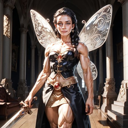 Action scene, detailed, photo realistic, hyper realistic, score_9, rating_safe, solo ((arch fey, violet eyes, (beautiful woman, white underbust corset, skirt, pants, sword belt, and holding a sword), (huge muscles, small petite breasts, muscular thighs, muscular biceps, muscular shoulders, toned abs), ((bronze metallic gold skin ral-polishedsteel)), (fairy wings), (long black hair))), (standing next to a multicolored crystal throne, in a detailed throne room filled with treasures, detailed lighting), hi res, hi quality, 4k, concept art, digital art, realistic, detailed background, lens flare, pixel art, piratical beauty, great lighting
