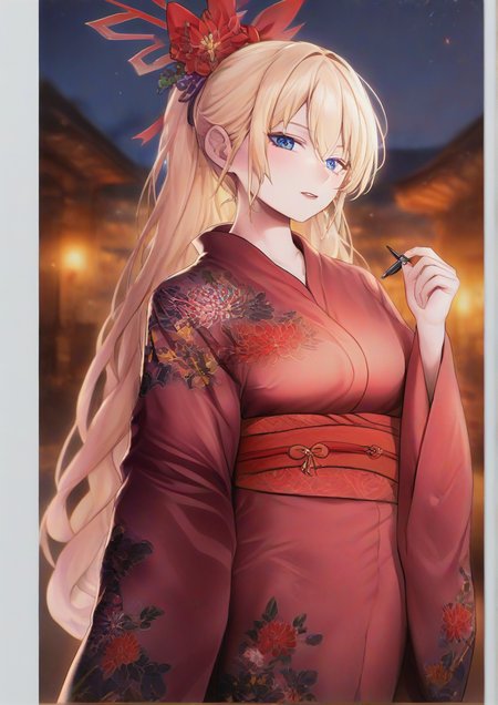 1girl, furry female, blonde hair, blue eyes, bow, camellia, cowboy shot, egasumi, floating hair, floral print, flower, from side, hair bow, japanese clothes, kimono, long hair, long sleeves, looking at viewer, marker (medium), obi, outside border, print kimono, red bow, red flower, red kimono, sash, sidelocks, solo, standing, traditional media, very long hair, wide sleeves, yukata, zPDXL3 <lora:Joacy:1>