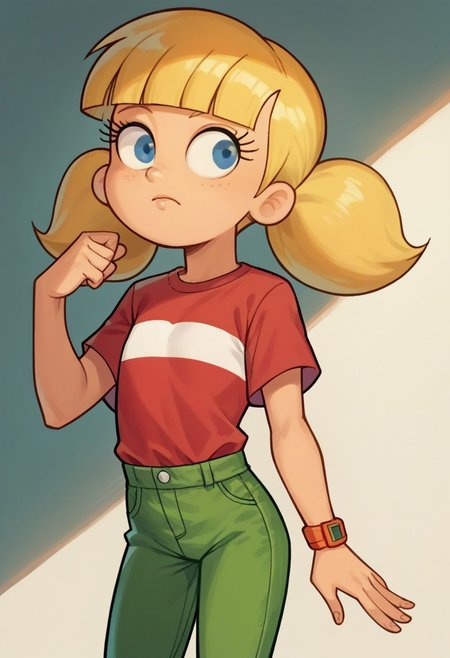 score_9, score_8_up, score_7_up, solo, 1girl, penny \(inspector gadget\), solo, blonde hair, twintails, blunt bangs, blue eyes, flat chest, red shirt, red shirt, striped shirt, stripe, white stripe, green pants, wristwatch, fairlyoddparents
