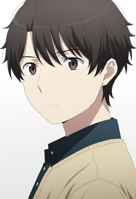 high resolution, solo, best quality, 1Boy, Inaho Kaizuka, Black Hair, Brown Eyes, potrait, dark shirt, looking at viewer, focused gaze forward, simple background, straight body, upper body, head upright, jealousy, OverallDetail