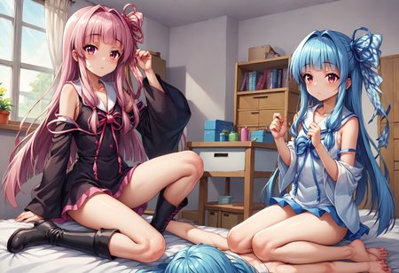 (nsfw),(Uncensored), score_9, score_8_up, score_7_up, source_anime, BREAK
2girls, sisters, side by side, kotonoha akane, kotonoha aoi, blue hair, pink hair, black dress, white dress, 
<lora:Kotonoha_MMD_Pony_V1:0.85>KotonohaMMD, pink eyes, long hair, bangs, blunt bangs, sidelocks, very long hair, hair intakes,hair ribbon, ribbon, hair ornament, hair tie,  yagasuri, dress,sleeveless, bare shoulders, collared dress,  wide sleeves, long sleeves, zettai ryouiki, thighhighs, thighhighs under boots, knee boots,
sitting, upper body, mirror, door, window, television, computer, chair, table,  girls room,