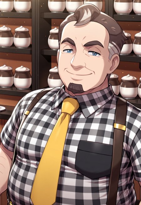 solo, masterpiece, modern, new, 1boy, male, masculine face, daddy looking face, w0lfc0nf

PokeCafeMaster, short hair, goatee, suspenders, collared shirt, yellow necktie, headshot, looking at viewer, smiling, cafe background, chubby, zoomed in, face focus