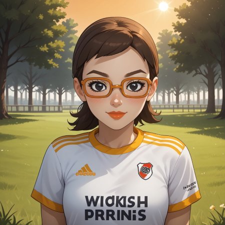 score_9, score_8, BREAK, solo, wii, mii, wii sports, 1girl, female mii, brown hair, orange glasses, black eyes, brown eyebrows, blush, lips, RiverPlate, striped shirt, striped, shirt, white shirt, short sleeves, clothes writing, sportswear, soccer uniform, white pants, cute, shoes, nintendo mii, modern_mii, classic_mii, breasts, Asami_(Wii_Sports), sexy pose, self portrait, smile, outdoors, sunlight, shadows, evening lighting, natural lighting, forest, trees, grass, orange sky, sunset