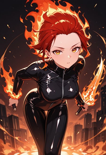 masterpiece, best quality, good quality, very aesthetic, absurdres, newest, 8K, depth of field,  in the style of cknc, artist:moriimee, in the style of cksc, 
1girl, short red hair, slicked back, amber eyes, medium breasts, perky, leather catsuit, fiery dagger, glossy skin, sneaking forward, looking at viewer, from side
BREAK
burning city, smoke rising, embers falling
BREAK
dynamic light, red tones, high contrast, fiery glow, rich details, tense atmosphere