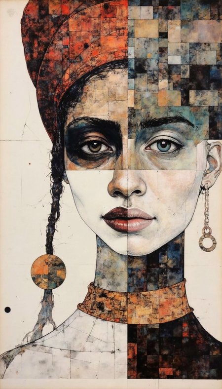 A digital painting with a vibrant, impressionistic style, mixed-media artwork featuring a composite portrait of two individuals. The left side of the portrait depicts a person with a dark complexion, wearing a high, red hat with a wide brim, and a dark, textured scarf around the neck. The person’s eyes are dark and expressive, and their lips are full and slightly parted. The right side of the portrait features a lighter-skinned person with a more angular face, wearing a dark, high-collared top with a textured, earthy brown texture. The person’s eyes are almond-shaped and wide, with a serene expression. Both individuals have similar facial features, including high cheekbones and prominent eyebrows, suggesting a sense of connection or duality.

The background of the portrait is a blend of abstract, earthy tones including browns, greens, and grays, with a mix of brush strokes and textured paint. There is an oval, abstract shape in the lower left corner, adding a sense of depth and complexity. The overall style of the artwork is modern and abstract, blending elements of realism with surrealism, creating a visually striking and thought-provoking composition. The artwork's medium appears to be a combination of traditional painting techniques with digital manipulation.
