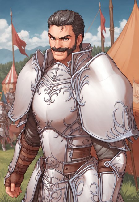 score_9, score_8_up, Tauroneo, pauldrons, grey hair, grey eyes, mustache,  armor, facial hair, blue sky, medieval fair, colorful tents, outdoor, looking at viewer, smile, portrait, dynamic pose, muscular, pennon flags,