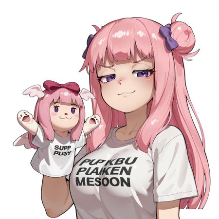 lazypos, girl focus, pink hair, breasts, hair bun, purple eyes, long hair, shirt, large breasts, smile, simple background, white background, wings, 1girl, white shirt, puppet, looking at viewer, head wings, t-shirt, bow, upper body, smug, single side bun, hand puppet, :3, hair bow, short sleeves, Mizumizuni, ashikostyle