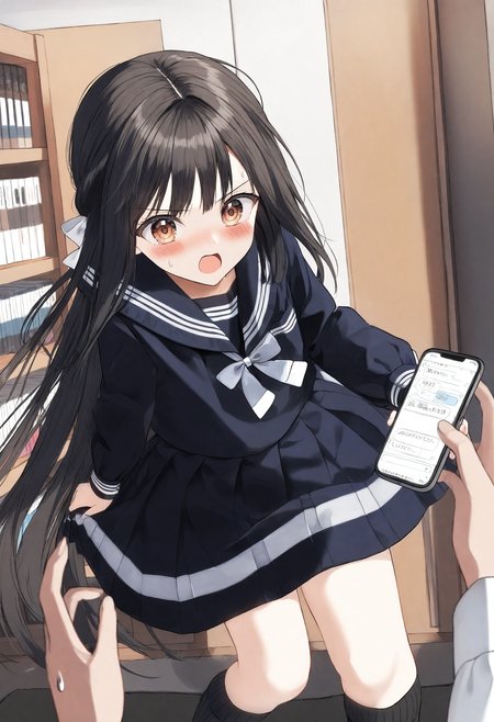 <lora:penta1_noob1.1-000139:0.9>,
1girl, serafuku, school uniform, indoors, skirt, long hair, holding, pleated skirt, phone, bow, socks, shirt, black serafuku, black skirt, very long hair, cellphone, black sailor collar, v-shaped eyebrows, holding phone, black hair, sailor collar, blush, 1boy, black socks, white bow, black shirt, long sleeves, brown eyes, solo focus, ribbed legwear, hair bow, open mouth, pov, sweat, sweatdrop, bookshelf,
masterpiece,best quality,newest,absurdres,highres,very awa,