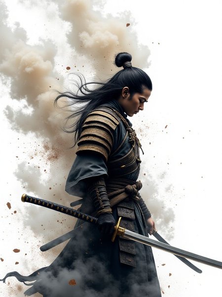 A stunning depiction of a samurai warrior wielding a katana, seamlessly blending form with reality. The scene glitches surreal elements with blurred dreams, set against a pure white background. Delicate threads of woven light fuse with soft, whispering shimmers, creating an eye-catching and masterful artwork. Drifting fog and cracked beams of light flow through a smokey haze, with floating threads that add to the ethereal atmosphere. The result is a dreamlike reality, where the warrior stands poised, embodying both strength and mystery in a surreal, otherworldly setting. aidmaimageupgrader, aidmaMJ6.1m, detailmaximizer, mythp0rt, ne0nfant4sy, drkfnts <lora:aidmaImageUpgrader-FLUX-V0.2:0.9> <lora:aidmaMJ6.1_aidmaMJ6.1-FLUX-v0.4:0.9> <lora:aesthetic2-cdo-0.5:0.7> <lora:v1v1dr34m:0.8>