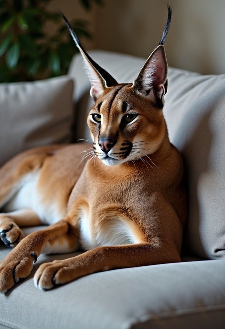 A relaxed caracal slouches on a plush couch, its powerful yet elegant frame at ease as it rests. Its tufted ears, characteristic of its species, stand tall even in this lazy posture, while its expressive eyes are half-closed, giving it an air of dignified relaxation. (The caracal's fur is a rich, tawny brown, [dappled with subtle darker tones], highlighting the muscular contours of its body.) [The background is softly blurred], suggesting a comfortable and secure environment, but all attention is drawn to the caracal's regal, unbothered demeanor as it enjoys a moment of quiet repose. The scene captures the unique blend of wild strength and domestic ease in this magnificent creature.