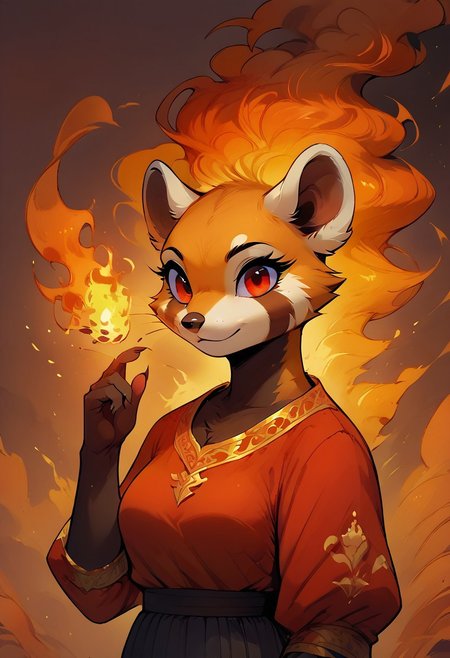score_9, score_8_up, score_7_up, (4k quality, high resolution, additional details), m0use_goldie, 1girl, upper body, hand up, female red panda, anthro red panda, wizard, armor covering the entire body, red robe with a golden pattern, predatory fiery red eyes (detail), fiery eyes, glowing red eyes, (medium breast, natural breast), fiery aura, close up, portrait