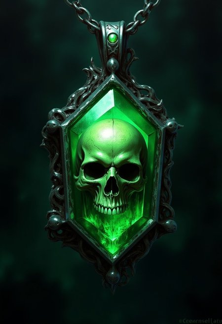 (score_9_up, score_8_up, score_7, score_6)Focus on  necklace with a big Green jewel, inside the gem a horror skull, anime