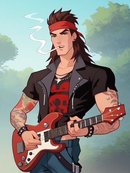 score_9, score_8_up, score_7_up, animemen, 1man w1nx_m6le9,  from waist up, rocker, tattooed, long hair, headband, playing guitar, smoking, bad boy, outdoors
<lora:Winxm_pxl_0.1:0.9>
<lora:Smooth Anime 2 Style SDXL_LoRA_Pony Diffusion V6 XL:1>