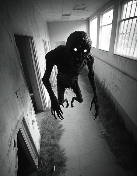horrorcctvlora, abandoned building, horror (theme, monster sneaking, monochrome, dutch angle