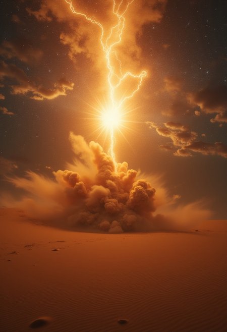 a desert masterpiece photo, sand storm blows up sand, apocalyptic setting, (a huge supernova light flare) in the sky