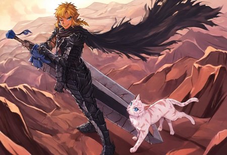 masterpiece, very aesthetic, anime screenshot, 1girl, Pink_PonyXL, DragonSlayerSword-Il.V1.0, black armor, shoulder armor, gauntlets, greaves, bandaged arm, black cape, torn cape, bright pink hair, cat ears, scar on nose, cat bell around neck, tanned, white tiger tail, small breasts, femine body, smiling, making a cute cat face, single fanged tooth showing, standing, looking at viewer, side view, wielding-dragonslayer, huge weapon, sword, holding sword, holding weapon, full body, zoomed in on pink_ponyxl, Dutch angle, cowboy shot 
Break
Break 1boy,Anime screencap,link (zelda),blonde hair,blue eyes,pointy ears, low ponytail, sidelocks, wearing blue hyilian tunic, fawning over pink_ponxl
Break
City of hyrule on fire, at night