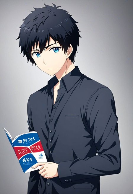 high resolution, solo, best quality, 1Boy, Arata Kaizaki, Black Hair, Blue Eyes, brand ambassador, brochure design, OverallDetail