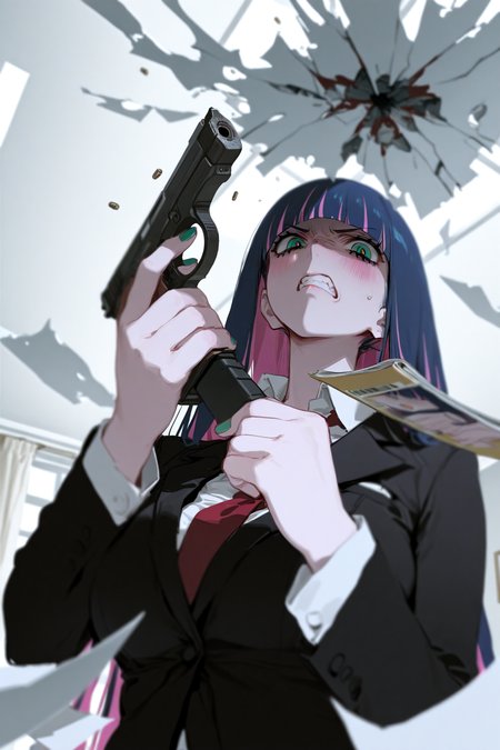1girl,solo,stocking \(psg\),green eyes,long hair,blunt bangs,large breasts,blush,holding pistol,holding weapon,pistol,(reloading),(holding magazine \(weapon\)),(pushing magazine into pistol),angry,black suit,white shirt,red necktie,looking at viewer,indoors,broken window,floating paper,messy room,ceiling,ceiling light,green nails,

7481llu,sketch,usnr,(houkisei:0.5),(umehara sei:0.5),depth of field,volume lighting,upper body,

masterpiece,best quality,amazing quality,very aesthetic,