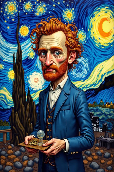 In a vibrant and whimsical world, the famous artist Vincent van Gogh comes to life, creating an intricate masterpiece of gritty fantasy art. The artwork is filled with swirling colors, vivid hues, 