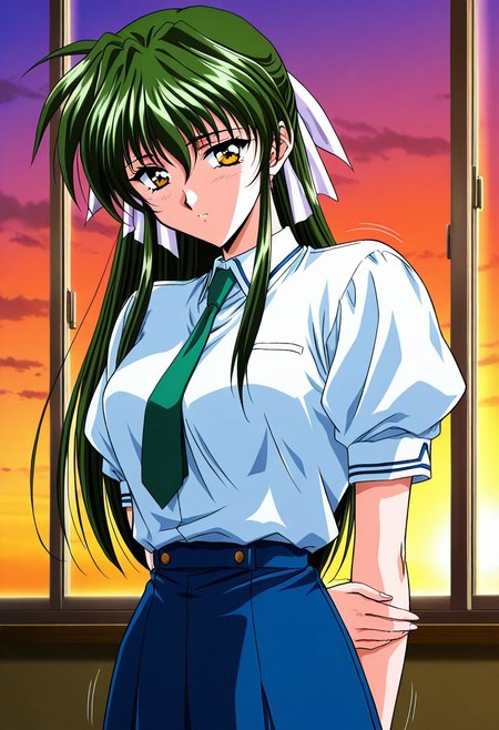 general,highres, ultra-detailed,very aesthetic,best quality ,best hands,masterpiece, best quality, newest, highres, score_9, score_8_up, score_7_up, source_anime, rating_explicit,1girl, yokota mamoru style,motion lines,,Very straight nose,slim,slender face,perfect nose,1990s (style)
Sendou Hitomi, Green Hair, Sidehair, Waist Length Hair,Amber Eyes,Necktie, Ribbon Hair Tie
 anime screencap,
window, sunset, short sleeves, school uniform, puffy sleeves, puffy short sleeves, breasts, arms behind back, indoors