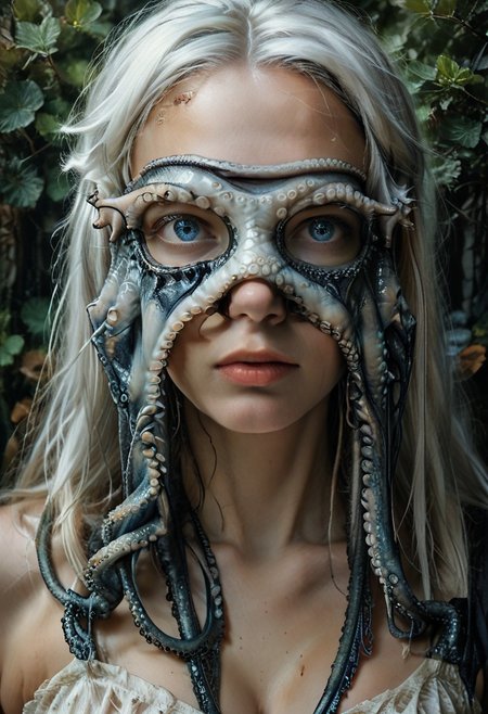 score_9, score_8_up, score_7_up, rating_safe, concept art, semi-realistic, 1girl, solo.
Young beautiful face, fit body, 
Long white hair, Blue eyes. 
(Big breast:1.5), (Round breast:1.5).
OctopusMask, Tentacle eye mask. 
(Long tentacle:1.2)
