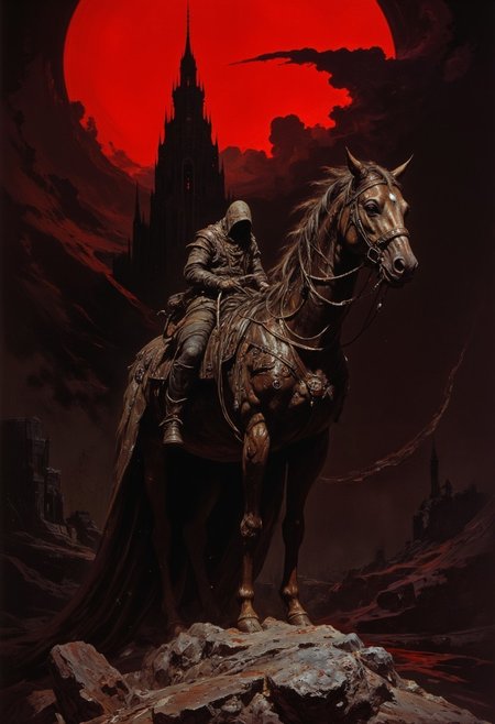 This is a high-quality painting, showcasing a dark, fantastical scene. A hooded figure in tattered robes rides a gargantuan skeletal, abomination monster horse atop a jagged rock. The background features a towering, gothic spire against a dark red sky with scattered clouds. The image has a very high subjective aesthetic quality, with intricate details and a rich color palette. The lighting is dramatic enhancing the enigmatic scene and the eerie, in mysterious haze drenched atmosphere. Finest details, ultimate detail level, masterpiece, highly artistic, best composition.